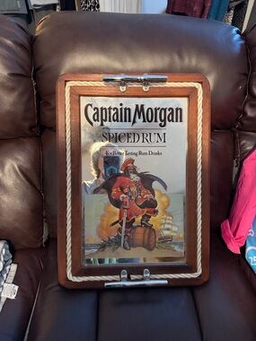 Captain Morgan Spiced Rum Framed Mirror Sign - Wood Rope Accent